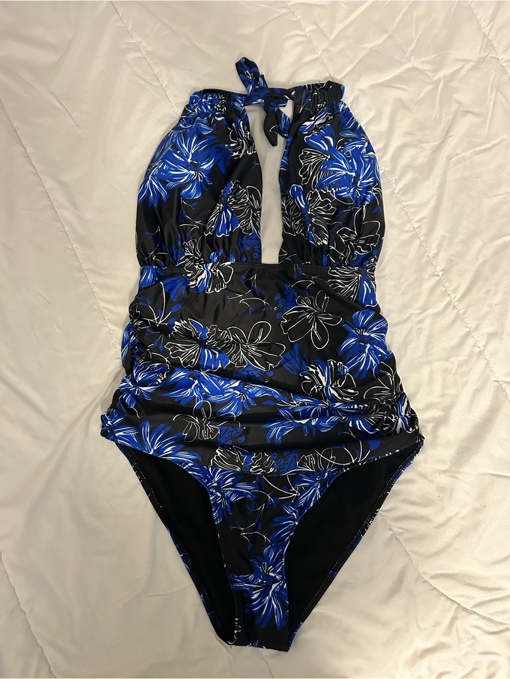 SHEIN Black & Blue Floral Halter One-Piece Swimsuit